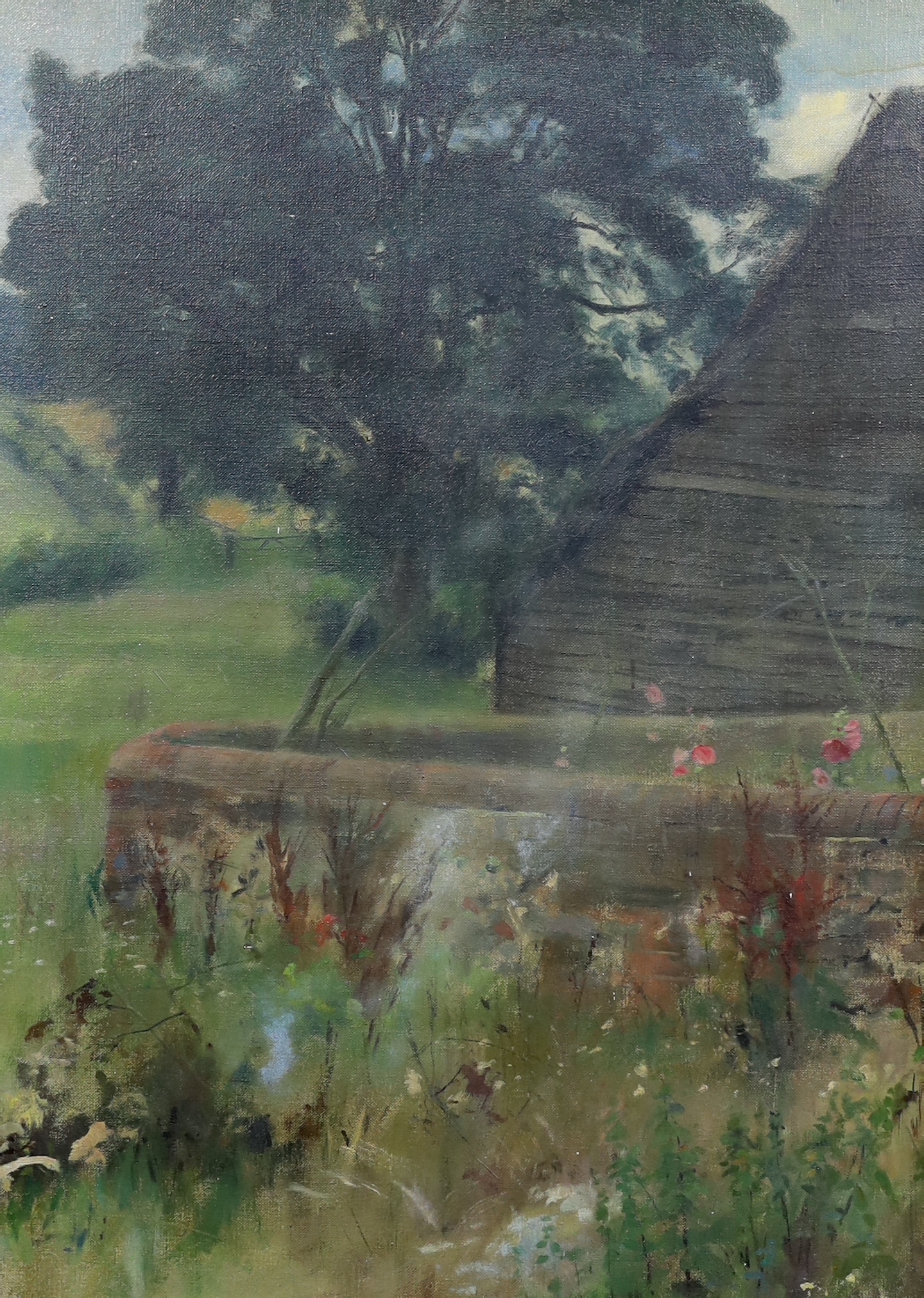 Arthur John Elsley (British, 1861-1952), View of a garden and barn, oil on canvas, 59 x 43.5cm